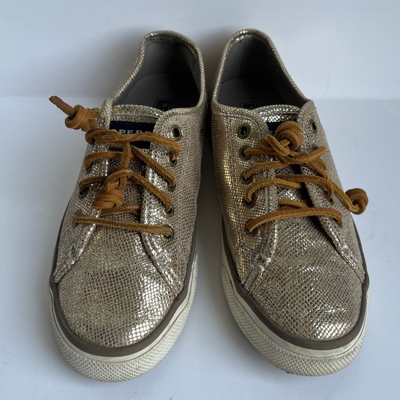 Sperry Crest Vibe Leather Reptile Gold Leather Barrel‎ Lace Cushioned Sneaker - Picture 1 of 11